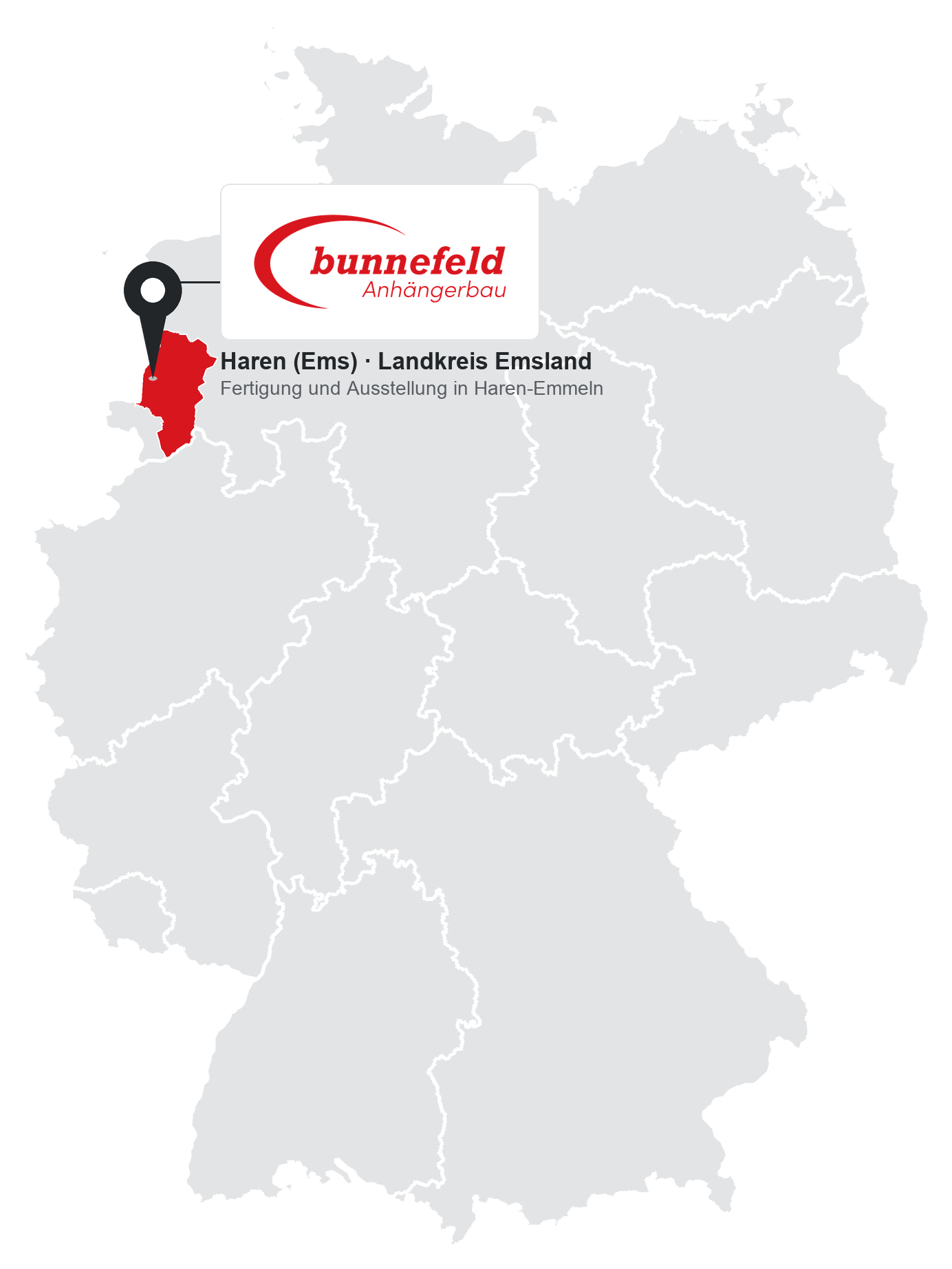Deutschlandkarte, der Landkreis Emsland rot markiert, Stecknadel mit bunnefeld-Logo bei Haren (Ems)