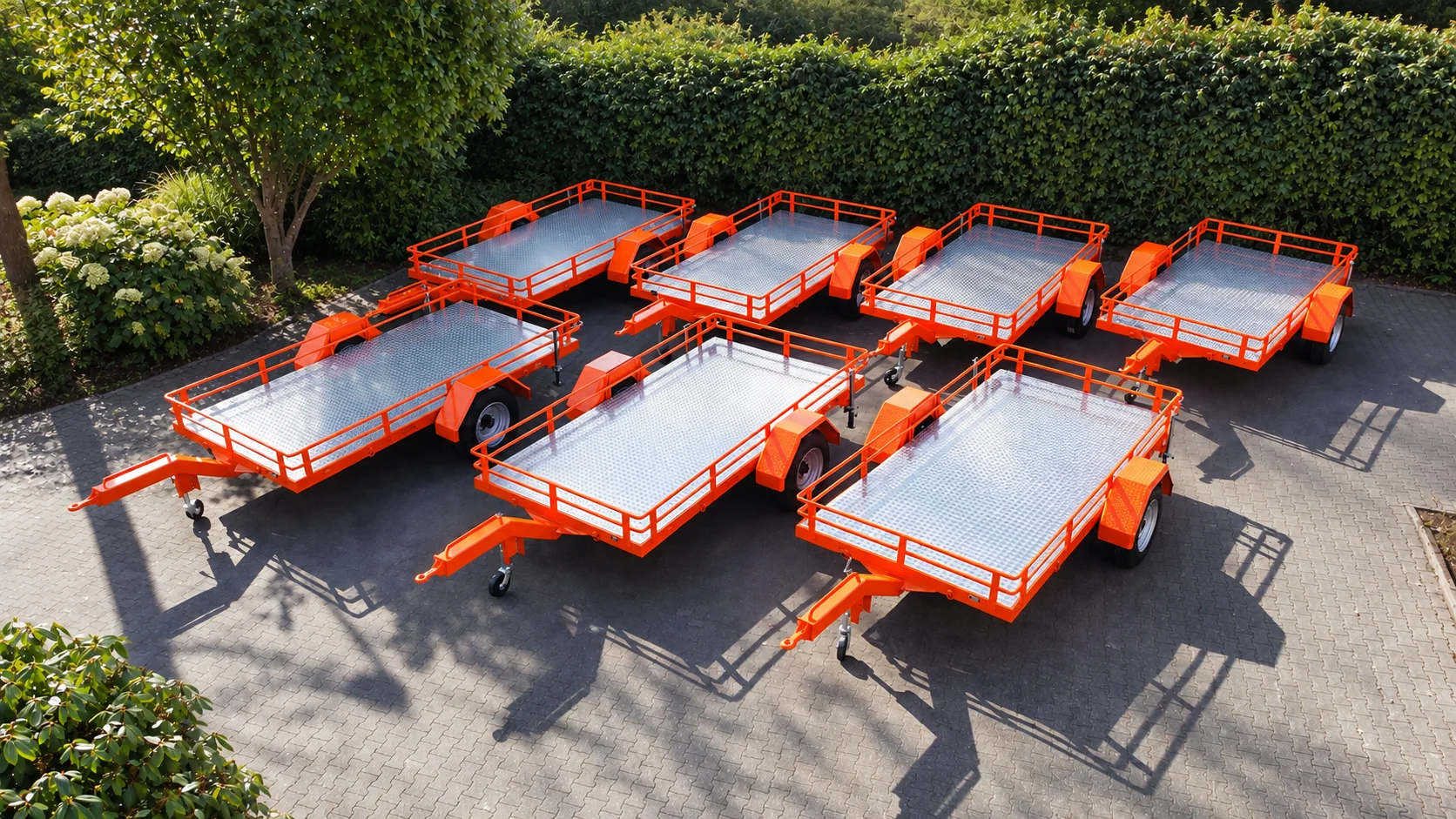 Sieben orange lackierte Anhänger von bunnefeld mit Riffelblech-Ladefläche, aus der Luft aufgenommen