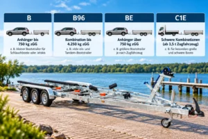 Übersicht Führerscheinklassen B, B96, BE und C1E mit Beispielgespannen, darunter ein Bootstrailer am See