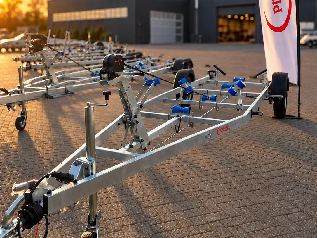 Bootsanhänger vor der Halle in Haren-Emmeln bei Sonnenuntergang, daneben die bunnefeld Fahne