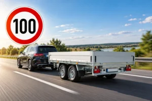 SUV mit Tandem-Hochlader auf der Autobahn, daneben ein Schild Tempo 100