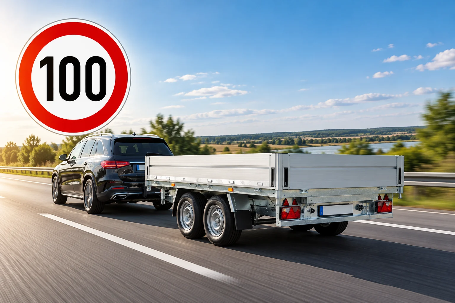 SUV mit Tandem-Hochlader auf der Autobahn, daneben ein Schild Tempo 100